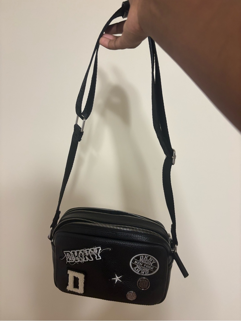 DKNY Black Crossbody Bag with Patch and Pin Details